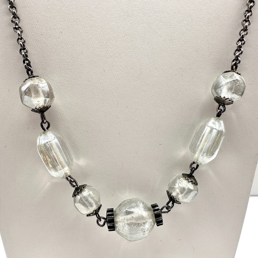 Vintage 90s Clear Glass Bead Necklace Silver Tone Chain Boho Women's Jewelry Y2K
